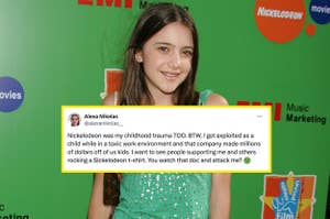 Young female celebrity posing at Nickelodeon event, tweet overlay discussing childhood fame and exploitation