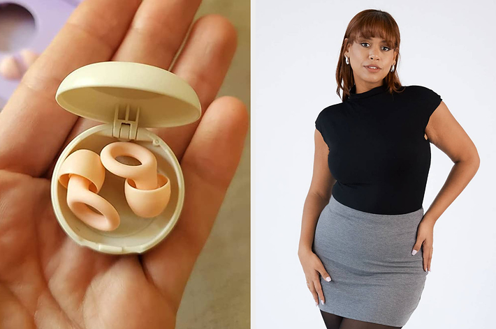 Left: Hand holding ear loops. Right: Person in black top