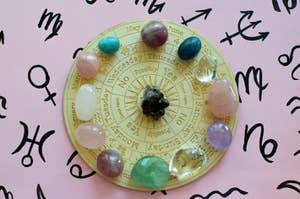 A photo of a circular chart with days of the week, gemstones placed on it, and a beetle in the center