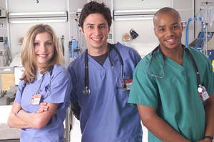 Three actors in medical scrubs portraying characters on a TV show