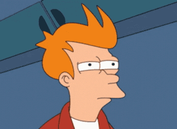 Personaje animado Fry de Futurama con expresión pensativa y ojos entrecerrados