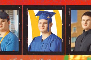 Three portraits of a young man: left in work attire with cap, middle in graduation cap and gown, right in formal black outfit