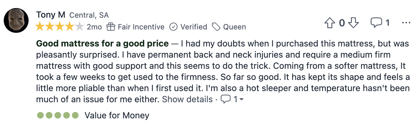 Customer review expressing satisfaction with a firm mattress, noting improved back issues and temperature control