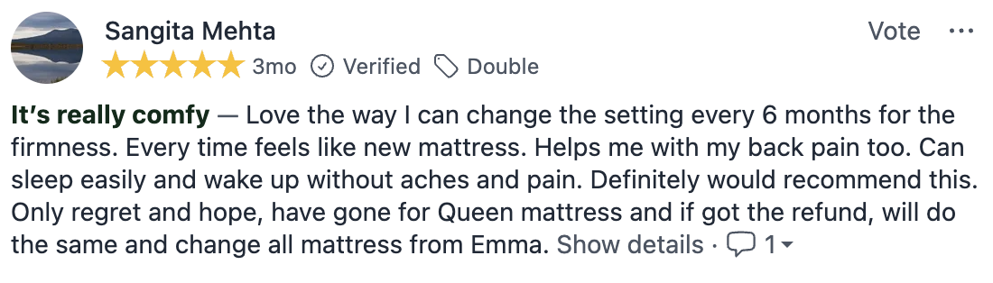 Review by Sangeeta Mehta on mattress comfort, changing firmness settings, and relief from back pain. Recommends product