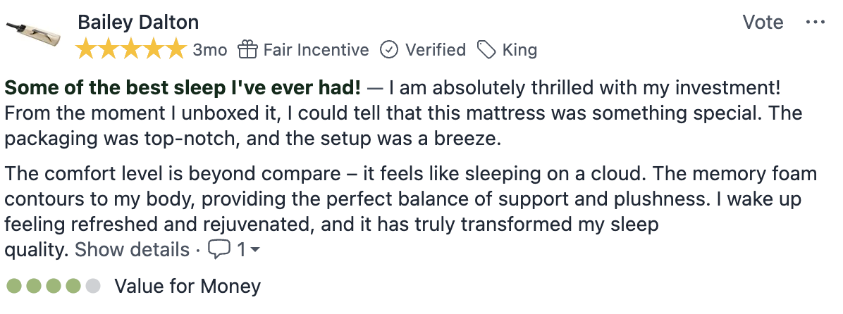 Review by user Bailey Dalton praising the comfort and quality of a new mattress, expressing improved sleep