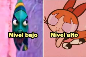 Meme con Gill de "Buscando a Nemo" y Bombón de "Las Chicas Superpoderosas" con textos "Nivel bajo" y "Nivel alto"