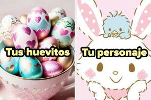 Imagen dividida en dos: izquierda, un tazón con huevos de Pascua decorados; derecha, dibujo de un conejito abrazando un huevo