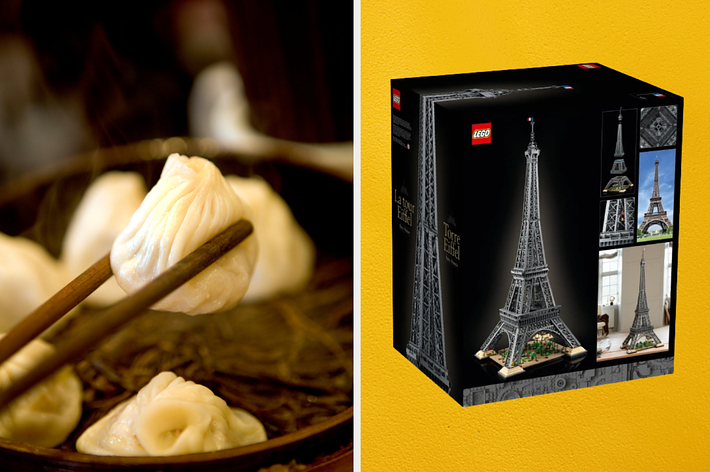 Photo on left shows steamed dumplings in a bamboo steamer with chopsticks. Right shows a LEGO Eiffel Tower set box