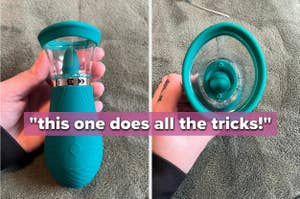 reviewer holding teal sex toy with tongue and transparent suction cup from different angles