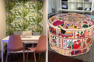 Two images: Left shows a dining area with patterned curtains. Right is a close-up of a colorful embroidered pouf