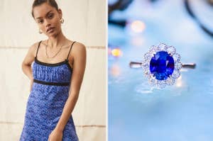 Left: Person in a blue patterned dress. Right: Close-up of a blue gemstone ring
