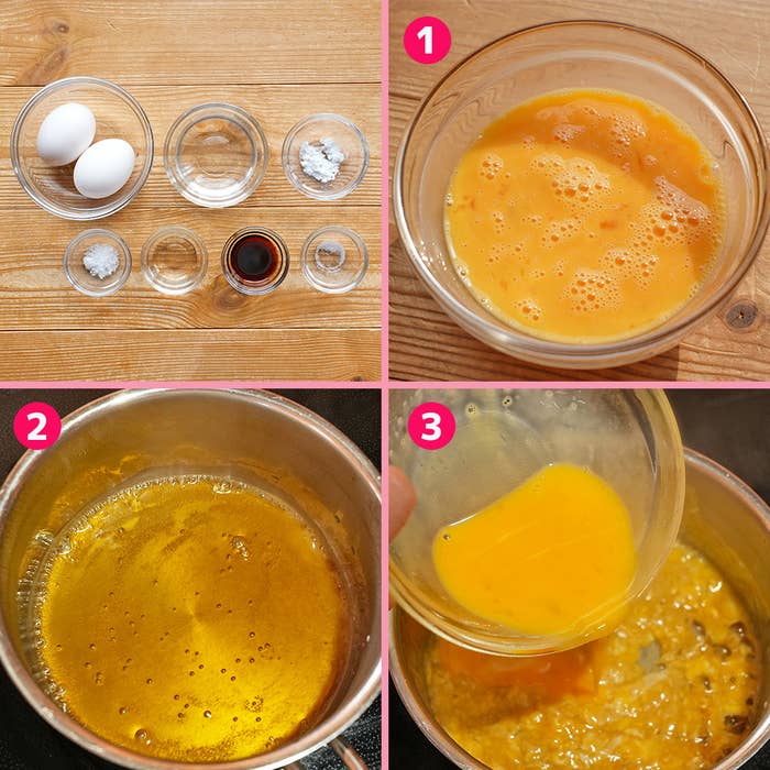 調理過程を示す4枚の画像。上から卵と材料、卵を混ぜたボウル、溶かしたバター、卵を分ける様子。