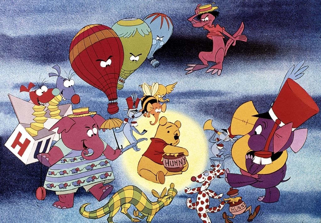 Winnie the Pooh and friends in a whimsical parade; Tigger bounces near Pooh holding a Hunny pot