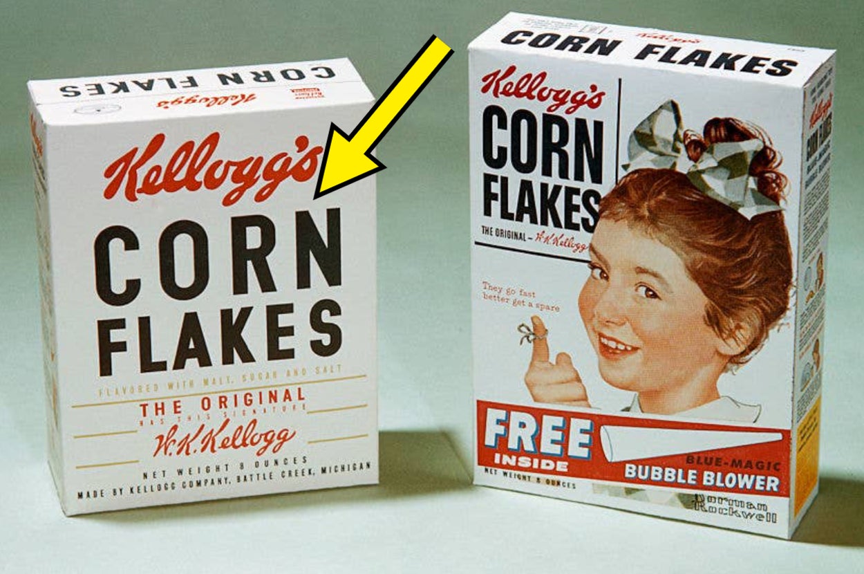 Vintage Kellogg's Corn Flakes cereal boxes with old-fashioned designs and a promotion