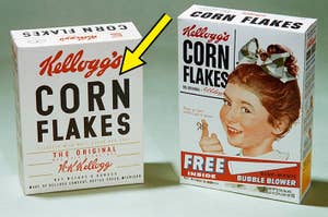 Vintage Kellogg's Corn Flakes cereal boxes with old-fashioned designs and a promotion