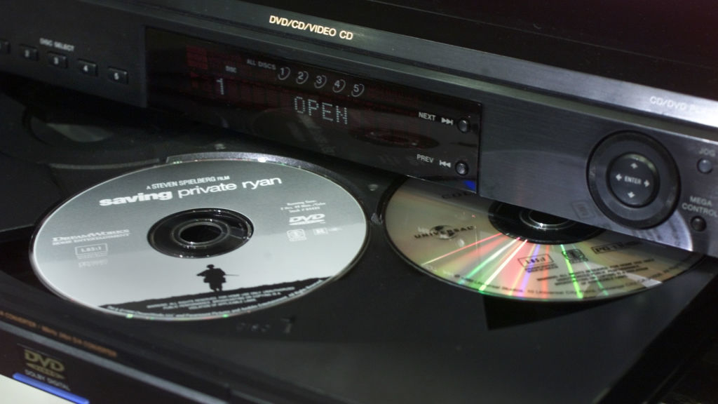 DVD player with &#x27;Saving Private Ryan&#x27; disc partially ejected