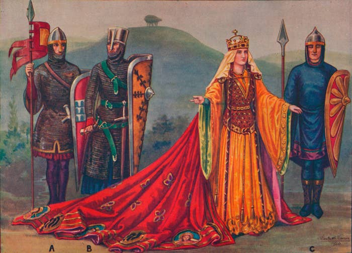 Queen flanked by two knights in ornate medieval attire with crests and weapons