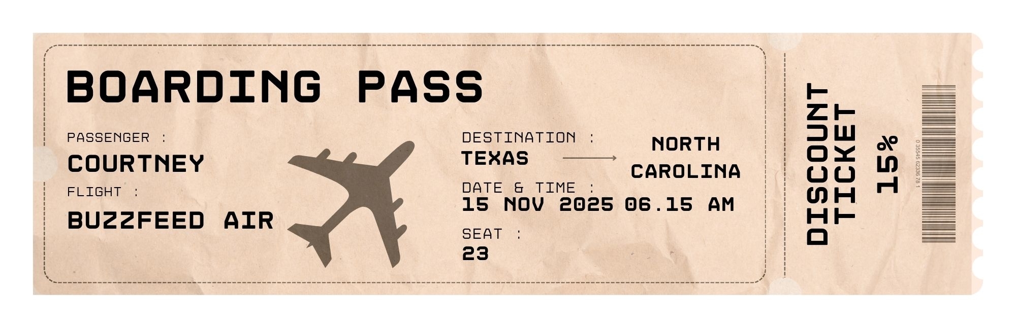 Boarding pass for a flight from Texas to North Carolina on BuzzFeed Air with a discount