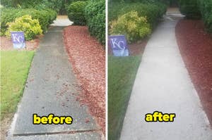 Before and after images of a walkway; the first shows debris, the second is clean