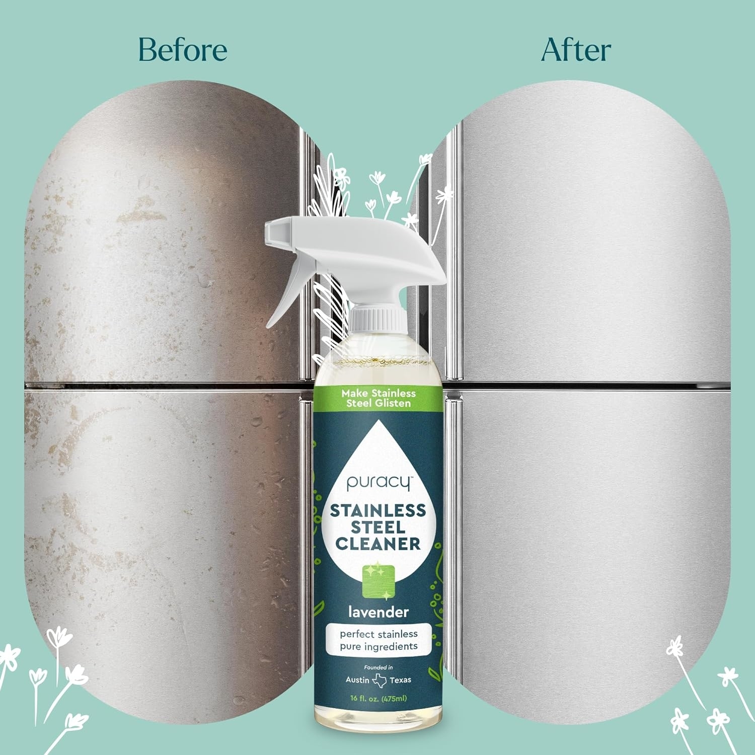 Stainless steel cleaner ad showing a dirty surface &#x27;Before&#x27; and a clean surface &#x27;After&#x27; with a spray bottle in center