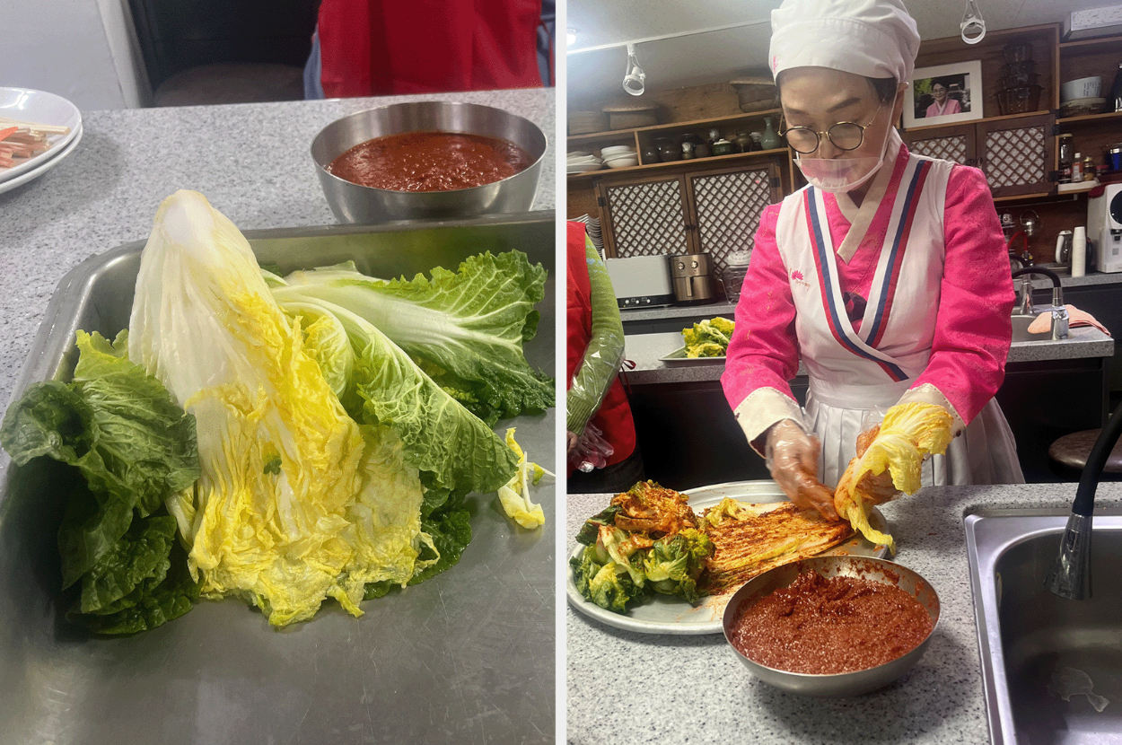 Person preparing kimchi with ingredients on table