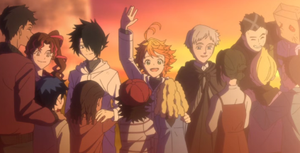 Group of animated characters smiling and gesturing happily together in a scene from the show &quot;The Promised Neverland&quot;