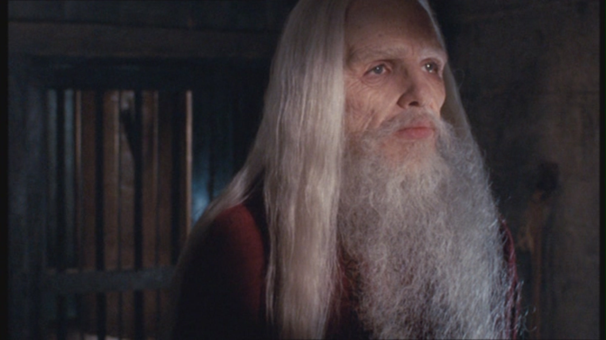 Character Gandalf from the Lord of the Rings series shown in a scene with a long white beard and robes