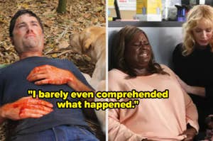 Man lying on leaves with bloody hands beside dog, woman in distress sitting next to another person. Text: "I barely even comprehended what happened."