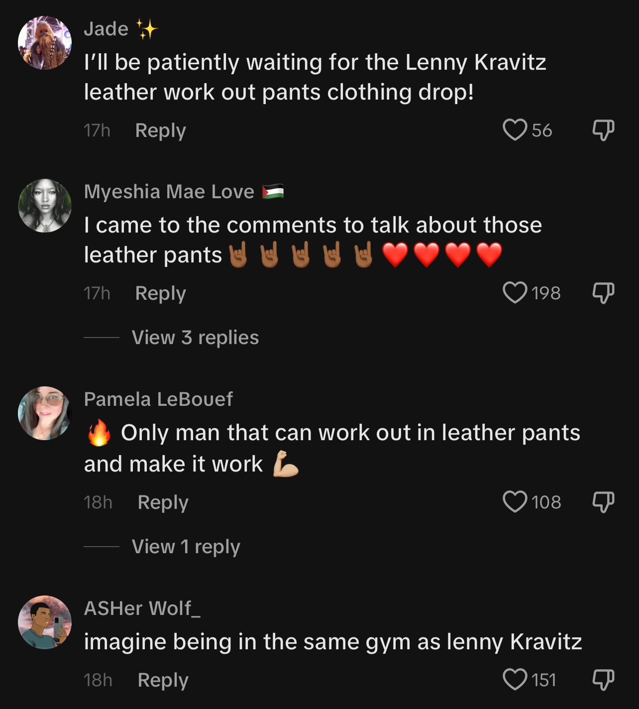 Four comments under a social media post, users discussing Lenny Kravitz and joking about working out and wearing leather pants