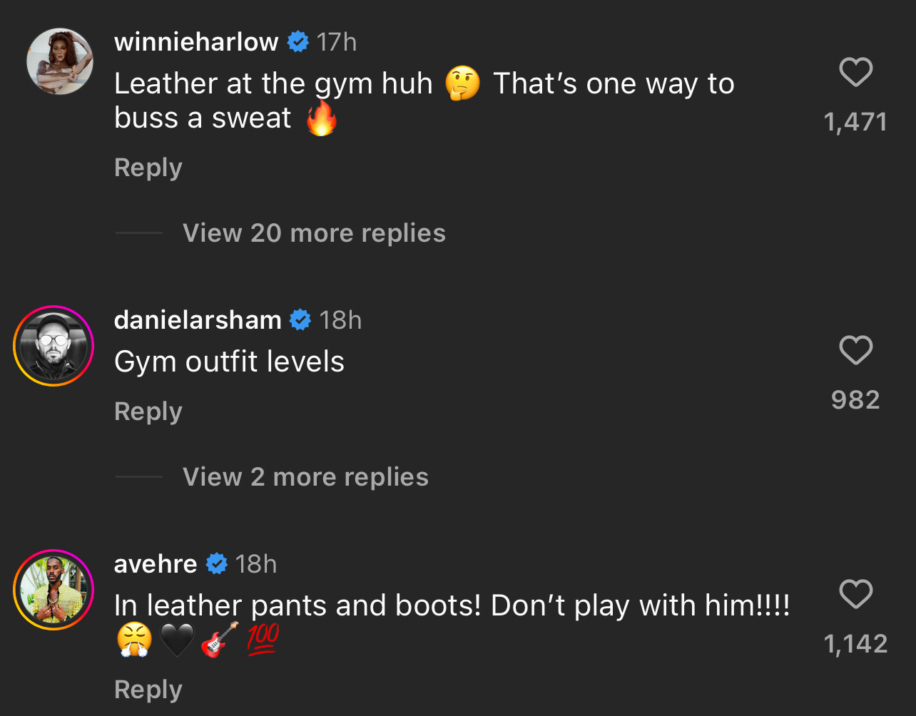 Comments on a social media post engaging with humor about someone wearing leather to the gym, with emoji reactions