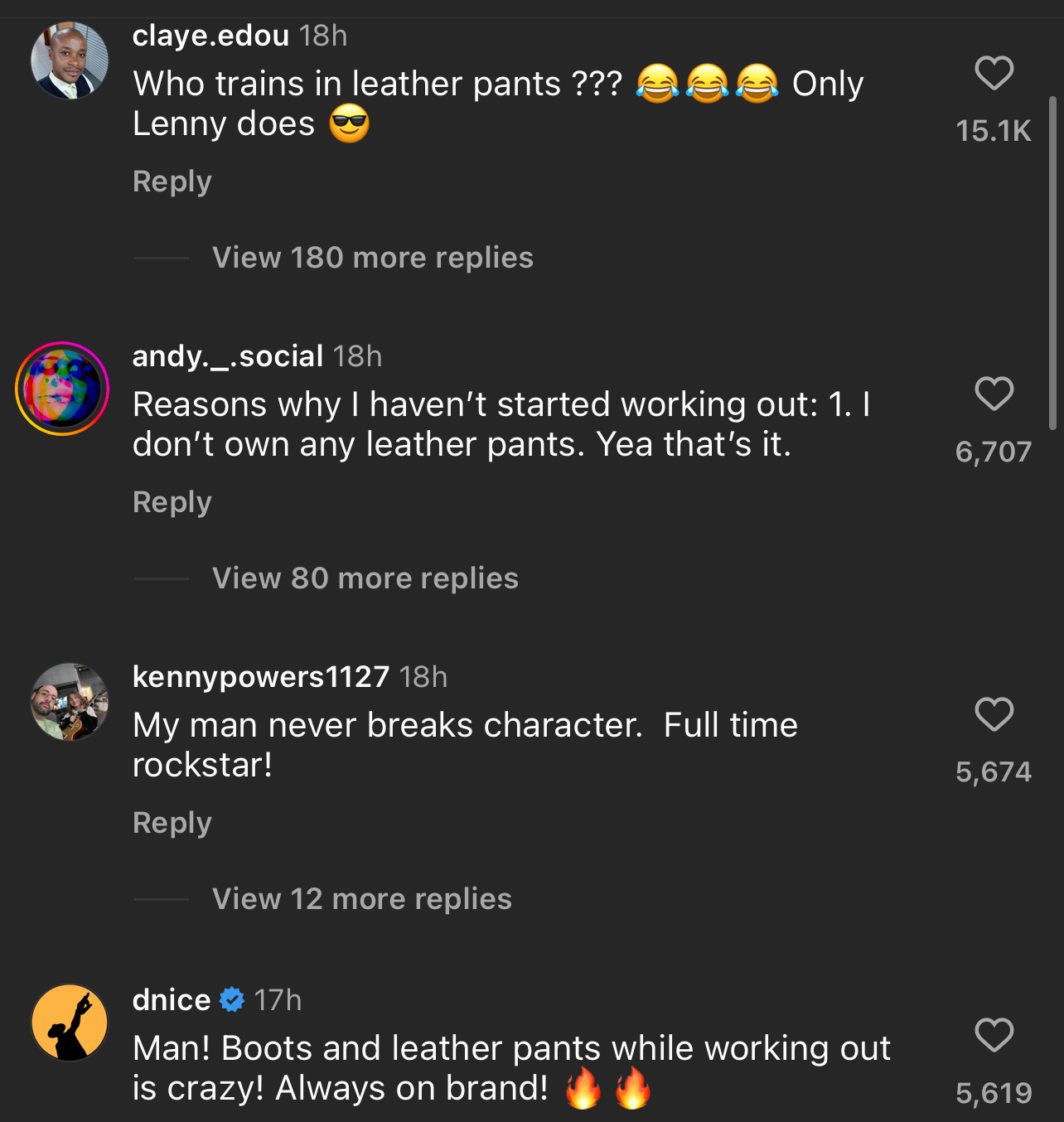 Image of a social media post with a joke about training in leather pants and various user comments