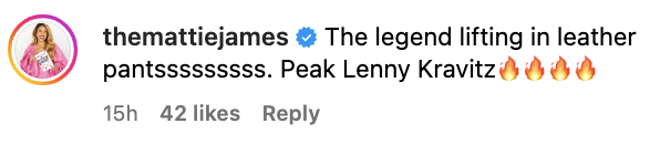 Comment on a post praising Lenny Kravitz, noted for leather pants, with a flame emoji sequence
