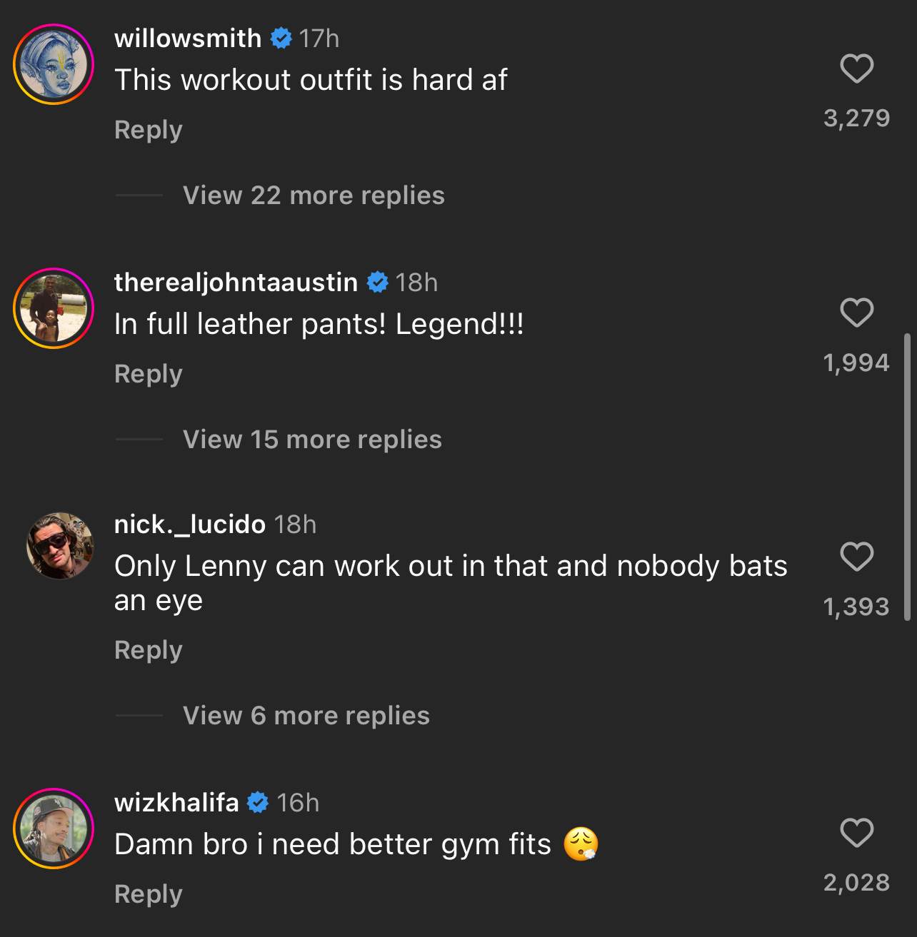Commenters react to celebrity working out in leather pants, expressing admiration and humor