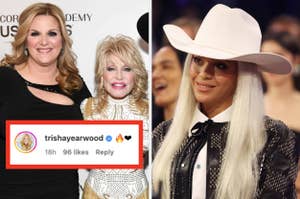Trisha Yearwood and Dolly Parton in embellished outfits, Lady Gaga in a white hat and studded jacket