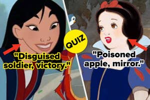 Animated characters Mulan and Snow White with quiz hints related to their stories