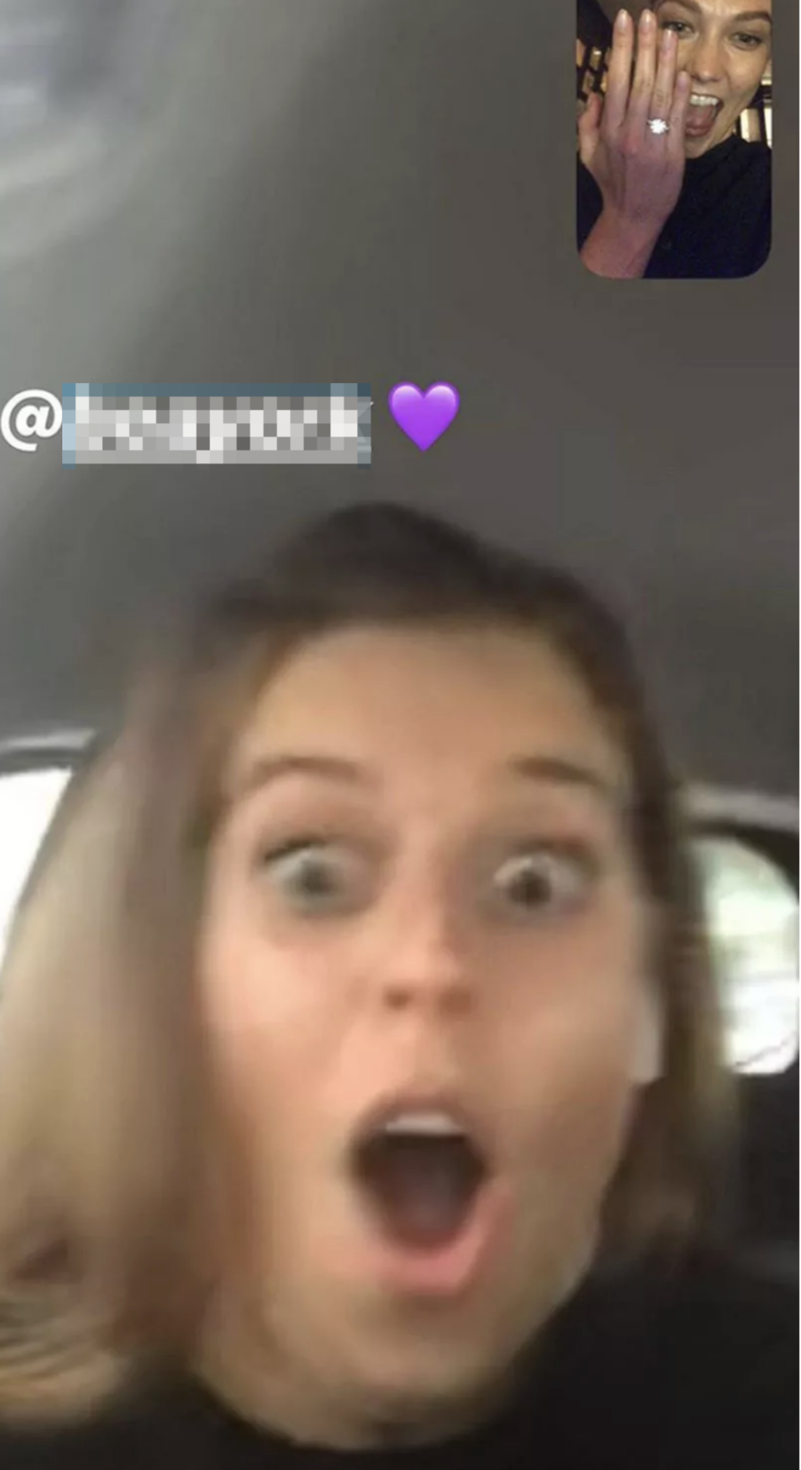A surprised Karlie with hand partially covering mouth, a ring visible, in a blurry screenshot of shocked Beatrice on FaceTime