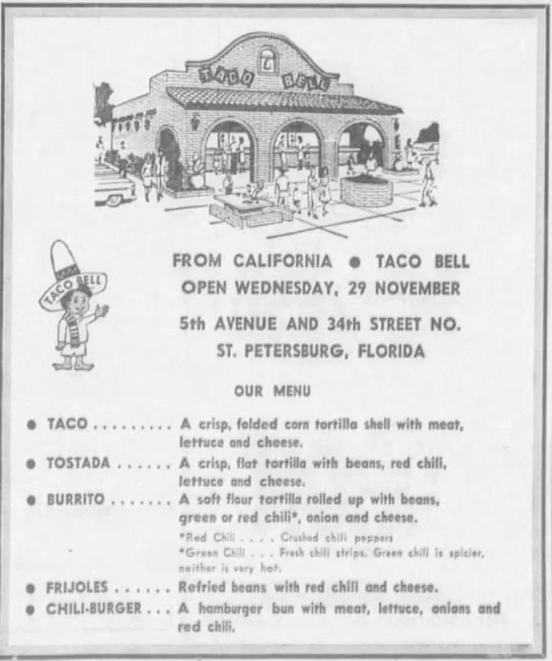 Vintage ad for Taco Bell&#x27;s grand opening in Florida, detailing the menu with various taco and burrito options