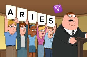Animated characters from "Family Guy" holding signs that spell "ARIES" with a symbol above