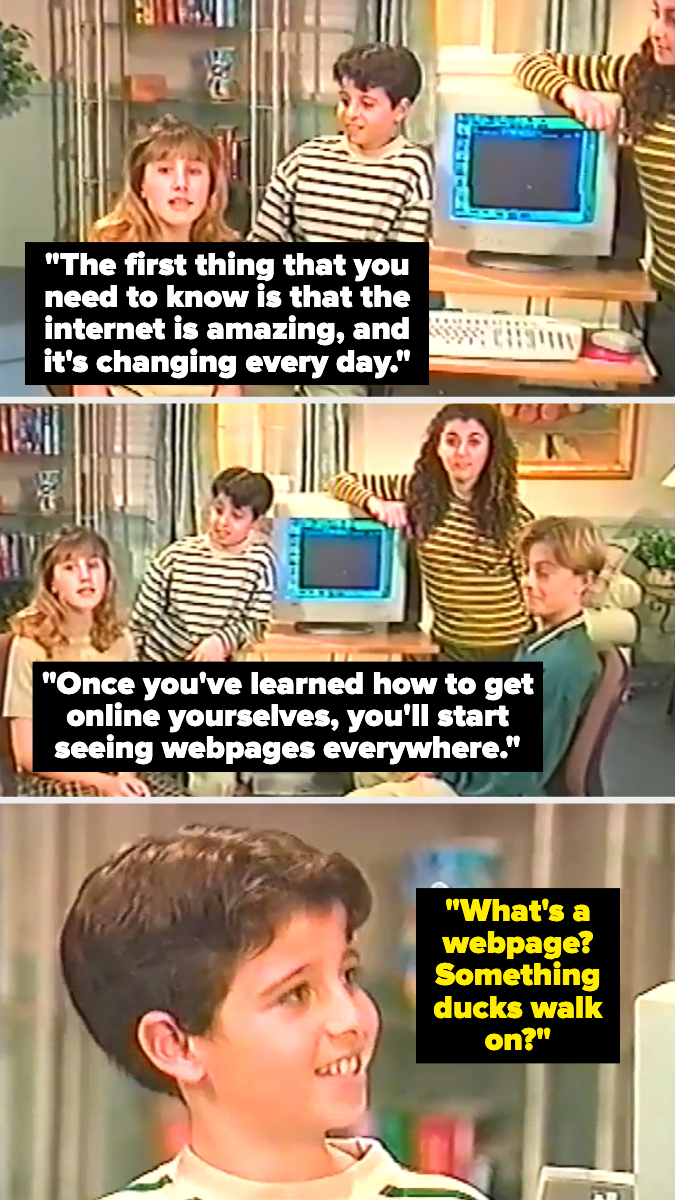 Image summarizes a vintage educational video about the internet with children and an instructor discussing its changing nature and webpages