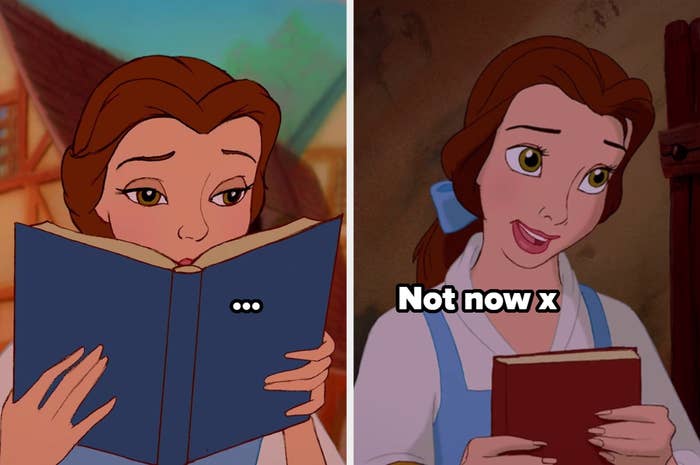 Side-by-side images of Belle from Beauty and the Beast reading a book with expressions of distraction and polite refusal
