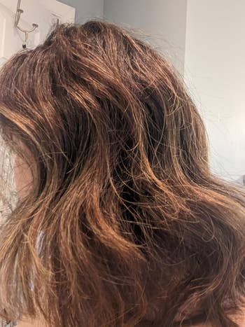 photo of reviewer's frizzy brown highlighted hair before using K18