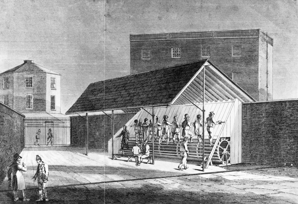Historical illustration of people outside a two-story building, some on a staircase and others standing or walking nearby