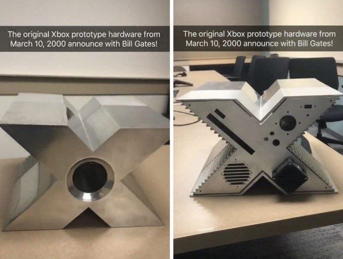 Original Xbox prototype in an X shape, displayed on a desk, related to Bill Gates&#x27; 2000 announcement