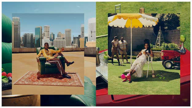 Two stylized photoshoot images: left features a man lounging on a chair, right shows a group enjoying a garden party
