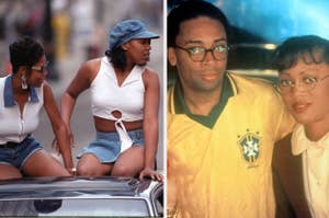 Film characters in 90s attire, one wearing a cap, alongside a scene with two characters in a sports jersey and glasses