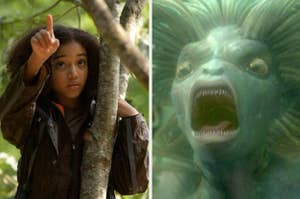 Split image of a girl holding up a finger, signaling attention, and a creature with wide-open mouth, possibly startled or screaming
