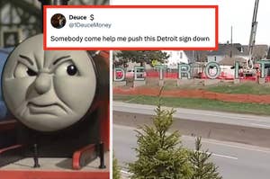 Thomas the Tank Engine toy with a frowning face, next to a tweet joking about removing a Detroit sign