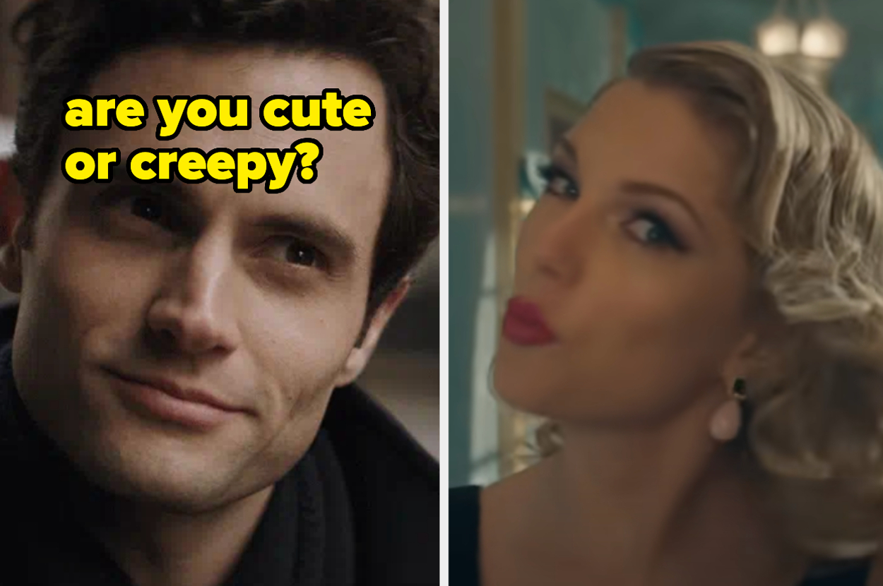 Split screen of Joe from "You" on the left and Love Quinn from "You" on the right with text "are you cute or creepy?"