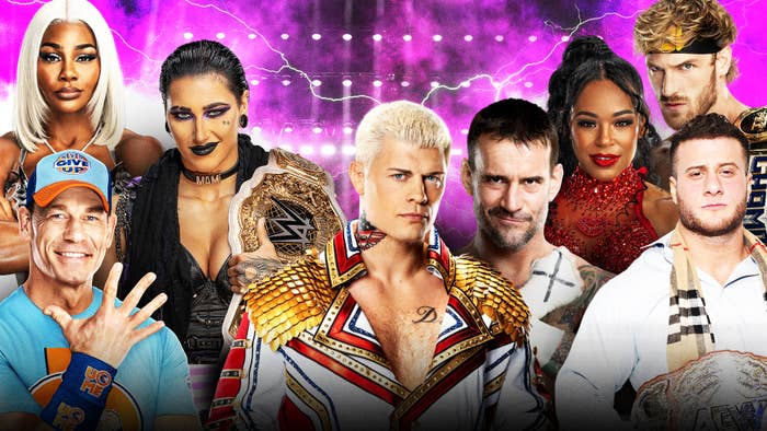 Graphic for a wrestling event with eight diverse wrestlers, some in costume, with a dynamic purple backdrop