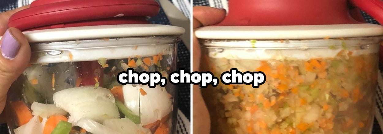 Hands holding a manual food chopper with vegetable pieces before and after chopping